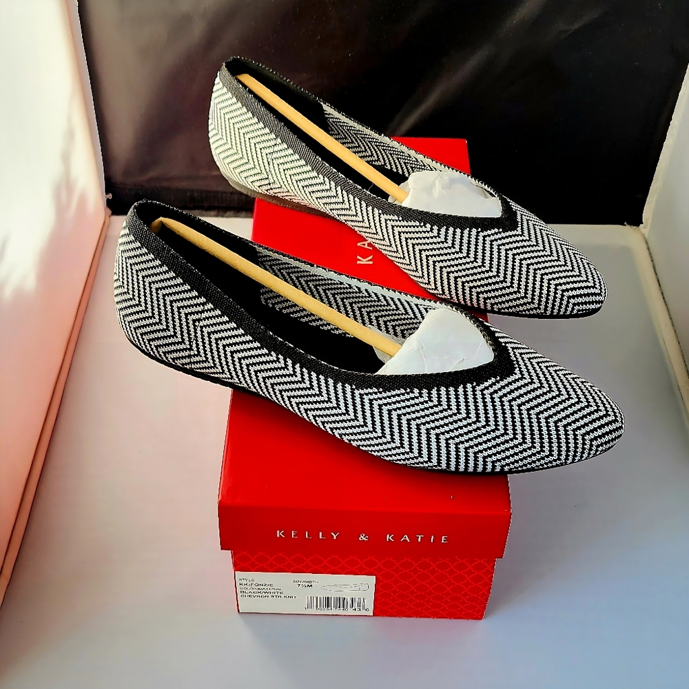 Kelly & Katie Black and White Herringbone Flats